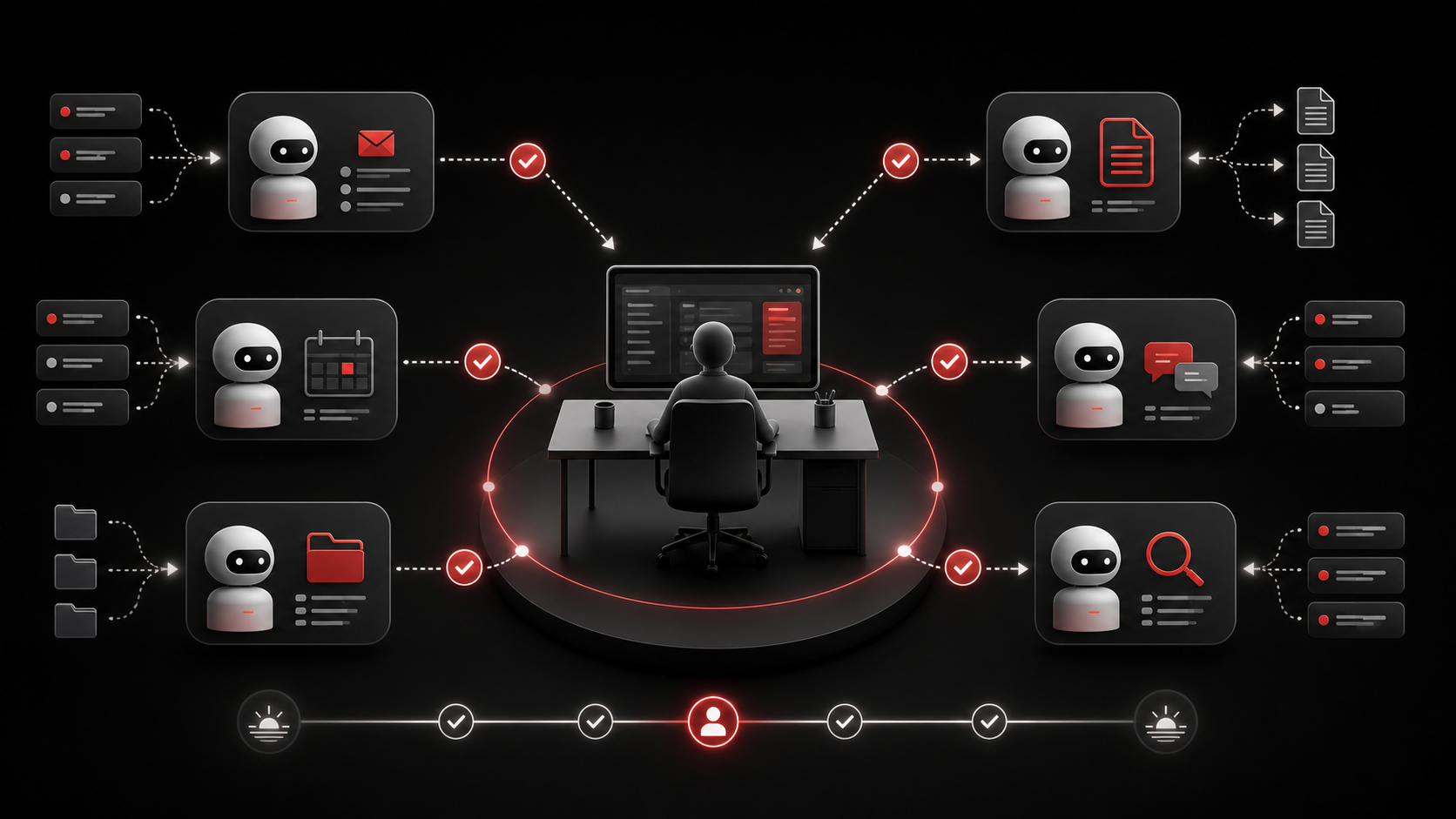 Abstrakte Visualisierung mehrerer paralleler Cowork-Agenten, die verschiedene Arbeitsbereiche unterstützen